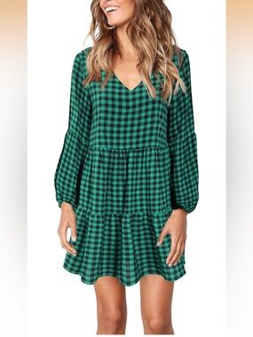 Green and Black Gingham V-Neck Tiered Dress - Large